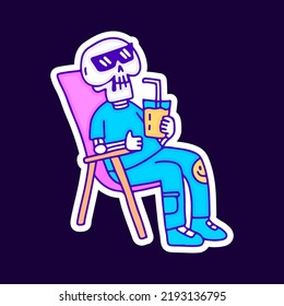 Skull chill out and drink cartoon, illustration for t-shirt, sticker, or apparel merchandise. With modern pop and retro style.