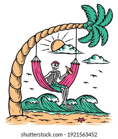 Skull chilling on the beach illustration