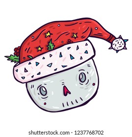 
Skull in Christmas cap. Cute Christmas skull. Doodle snowman hand draw new year illustration.