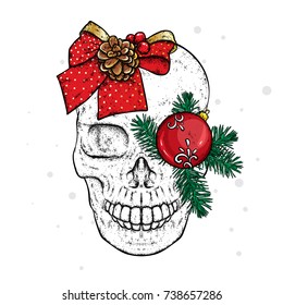 Skull with Christmas decorations. New Year's and Christmas. Vector illustration for a postcard or a poster, print for clothes.