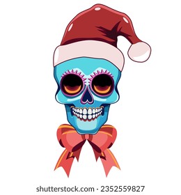 A skull in a Christmas hat and a bow vector illustration 