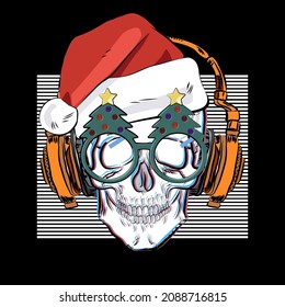 A skull in a Christmas hat and glasses with Christmas trees.