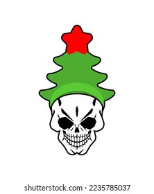 Skull in Christmas tree hat. Scary illustration of Christmas and New Year.