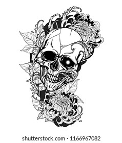 Skull with chrysanthemum tattoo by hand drawing.Tattoo art highly detailed in japanese line art style.Black and white line art pattern for paint