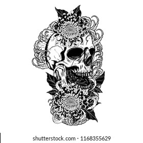 Skull Chrysanthemum Tattoo By Hand Drawingtattoo Stock Vector (Royalty ...