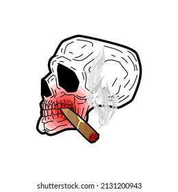 Skull with cigar. Skeleton head smoking cigarette pop art