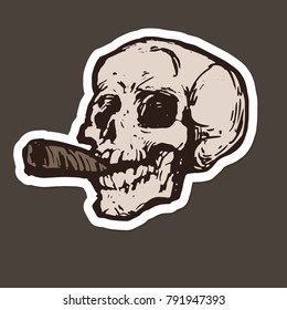 Skull with cigar smokes. Skeleton head. Outline sketch ink hand-drawn stock vector illustration sticker set design.