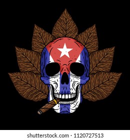 Skull with cigar, tobacco leaves and Cuban flag.