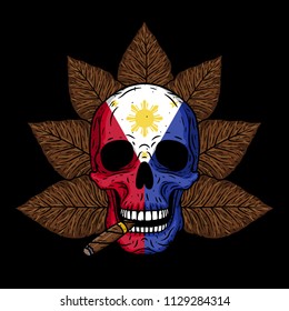 Skull with cigar, tobacco leaves and flag of the Philippines, the country of the importer of cigars.