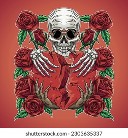 a skull with a cigarette in its mouth holding a large red heart surrounded by ample red roses. largest solid organ and largest gland in the human body
