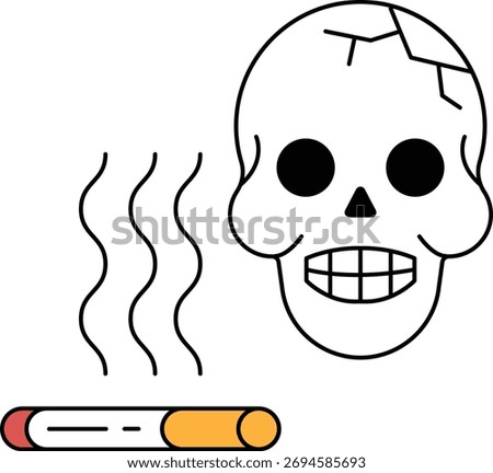 A skull with a cigarette next to it. The skull is smiling and the cigarette is smoking. Scene is dark and ominous