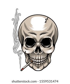 Skull with cigarette on white background
