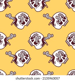 Skull and cigarette on yellow background seamless pattern. Modern vintage, pop art style seamless pattern concept.