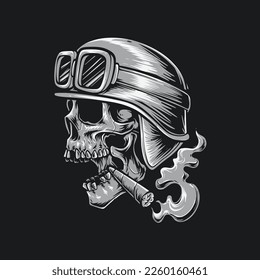 skull with cigarette and vintage helmet vector