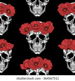 Skull in circlet of flowers on black background  .Vector seamless pattern