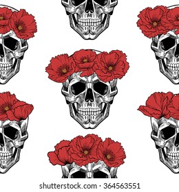 Skull in circlet of flowers .Vector seamless pattern