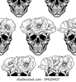 Skull in circlet of flowers .Vector seamless pattern