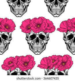 Skull in circlet of pink flowers .Vector seamless pattern