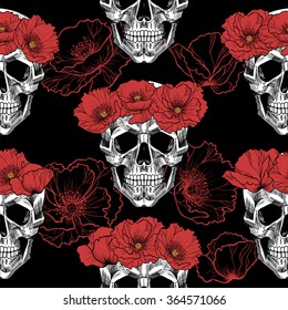 Skull in circlet of  red flowers on black background  .Vector seamless pattern