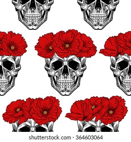 Skull in circlet of  red flowers  .Vector seamless pattern