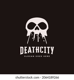 Skull and cityscape, abandoned horror death city logo vector on dark background