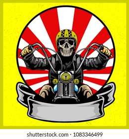 skull with classic helmet riding motorcycle with sun burst emblem vector illustration