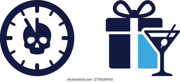 Skull clock icon, gift box and cocktail icon. Party time and celebration graphic.
