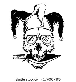 Skull With Clown Hat And Blade Hand Drawn Vector Illustration