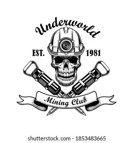 Skull of coal miner vector illustration. Head of skeleton in helmet with torch, crossed jackhammer picks and text. Coal mining tools concept for emblems and badges templates