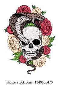 Skull, cobra snake and flowers hand drawn illustration. Tattoo vintage print. Hand drawn floral print. Tattoo design.
