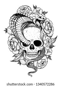 Skull, cobra snake and flowers hand drawn illustration. Tattoo vintage print. Hand drawn floral print. Tattoo design. Sketch illustration.