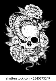 Skull, cobra snake and flowers hand drawn illustration. Tattoo vintage print. Hand drawn floral print. Tattoo design. Sketch illustration.