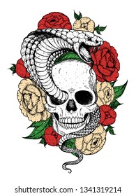 Skull, cobra snake and flowers hand drawn illustration. Tattoo vintage print. Hand drawn floral print. Tattoo design