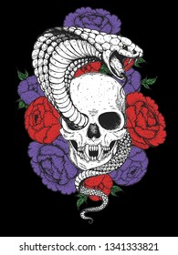 Skull, cobra snake and flowers hand drawn illustration. Tattoo vintage print. Hand drawn floral print. Tattoo design.