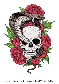 Skull, cobra snake and flowers hand drawn illustration. Tattoo vintage print. Hand drawn floral print. Tattoo design