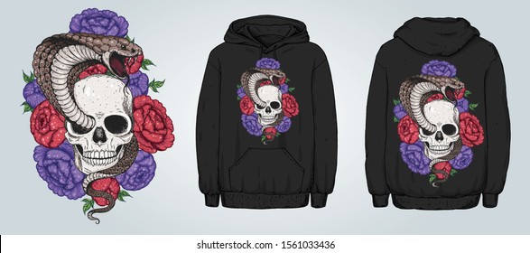 Skull, cobra snake and flowers hand drawn illustration. Tattoo vintage print. Hand drawn floral print. Tattoo design. Great for hoodie design  