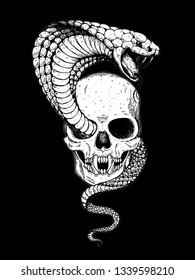 Skull and cobra snake hand drawn illustration. Tattoo vintage print. Skull hand drawn print. Tattoo design.