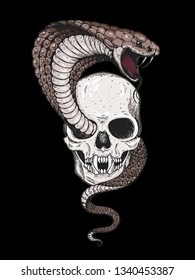 Skull and cobra snake hand drawn illustration. Tattoo vintage print. Skull hand drawn print. Tattoo design. 