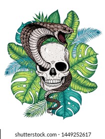 Skull, cobra snake and palm leaves hand drawn illustration. Tattoo vintage print. Hand drawn floral print. Tattoo design. Jungle print. Tropical illustration.