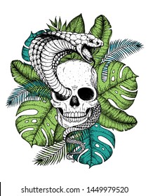Skull, cobra snake and palm leaves hand drawn illustration. Tattoo vintage print. Hand drawn floral print. Tattoo design. Jungle print. Tropical illustration.