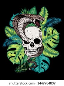 Skull, cobra snake and palm leaves hand drawn illustration. Tattoo vintage print. Hand drawn floral print. Tattoo design. Jungle print. Tropical illustration.