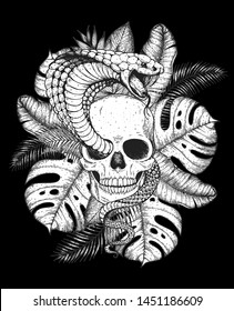 Skull, cobra snake and palm leaves hand drawn illustration. Tattoo vintage print. Hand drawn floral print. Hand drawn sketch. Tattoo design. Jungle print. Tropical illustration.