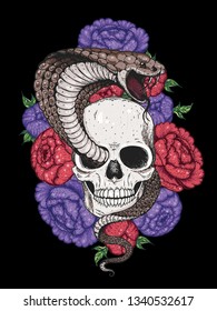 Skull, cobra snake and roses flowers hand drawn illustration. Tattoo vintage print. Hand drawn floral print. Tattoo design.