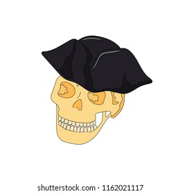 Skull in cocked hat on white background. Human skull in cartoon style. Hand drawing. Vector illustration for print on clothes, textiles. Sticker for a pirate party.