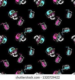 SKULL WITH COCKTAIL AND CAP SEAMLESS PATTERN BLACK BACKGROUND