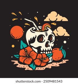 Skull cocktail glass with lemon isolated on black background. summer and holiday concept, vintage colorful