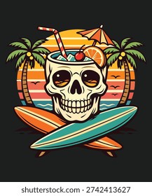 Skull cocktail with surfboards and palm trees sunset