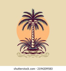 Skull Coconut Tree Retro Illustration für Handelsartikel