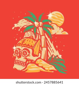 Skull with coconut tree and surf board on the beach in summer  Vector illustration. summer season concept . Hand drawn style