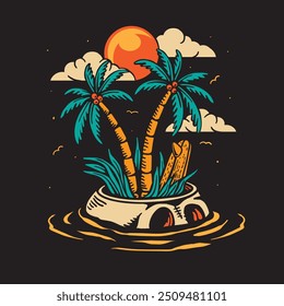 skull with coconut tree and surfboard on the beach vector graphics. summer concept isolated on black background. vintage colorful